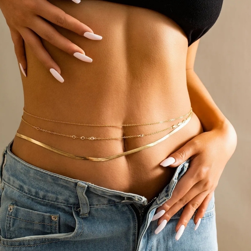 Belly Chain Set 3 Gold Tone Copper Inlay Chains Zircon Accents